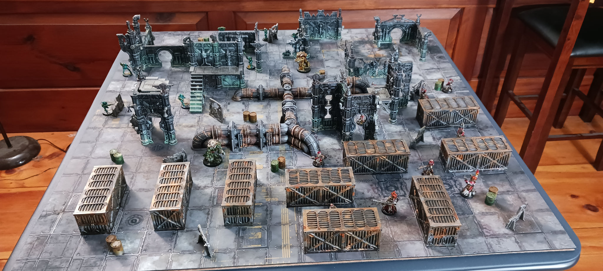 A Necromunda game on the Industrial Zone from Skirmish Mats. Photo credit Rick Barker