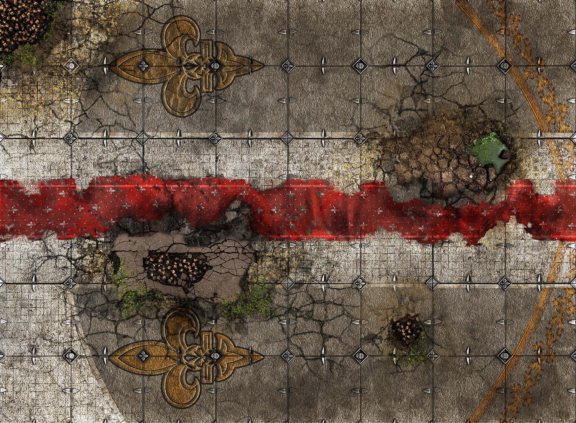 Crumbling Courtyard Skirmish mat -- cobblestones with fleur de lis, red details, skulls