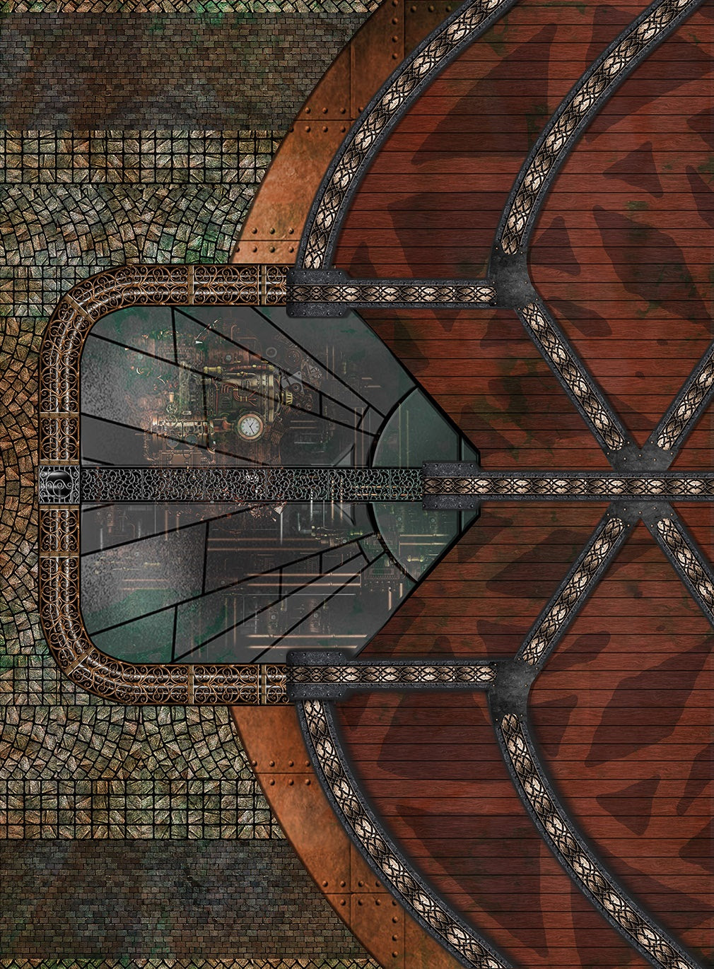 Skirmish Mats Steampunk Skyport version B with glass, cogs, and wood plus cobblestone. Perfect steampunk play mat. 