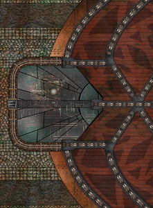 Skirmish Mats Steampunk Skyport version B with glass, cogs, and wood plus cobblestone. Perfect steampunk play mat. 