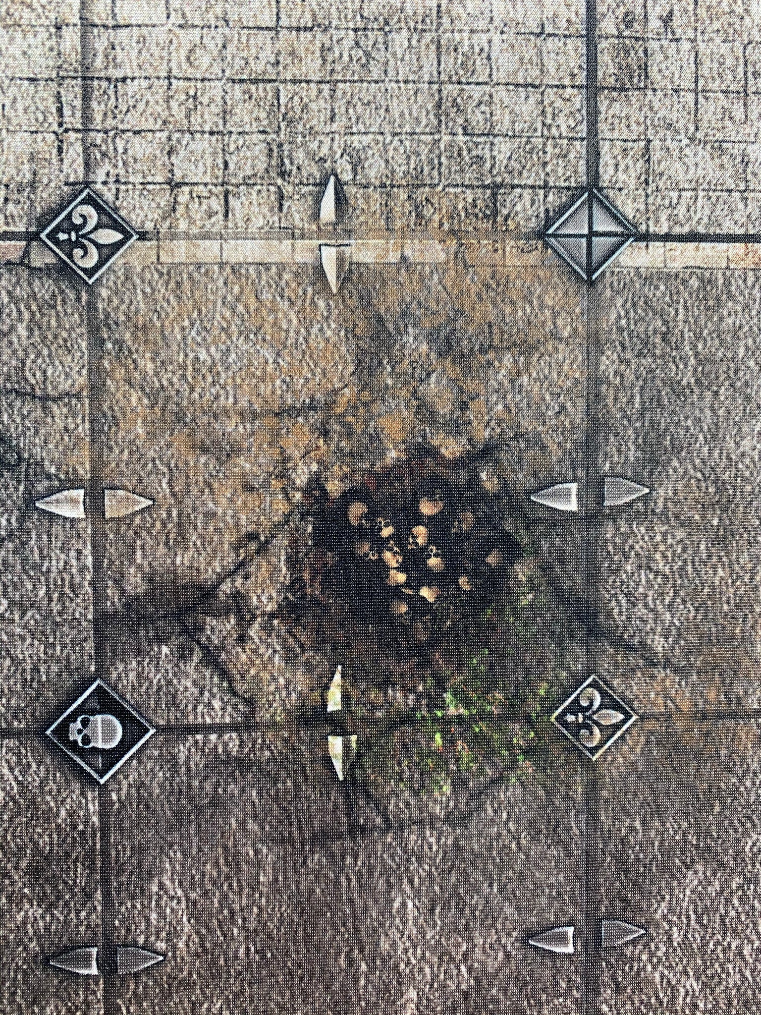 Curmbling Courtyard mat detail - buried skulls in the catacombs below, fleur de lis detailing
